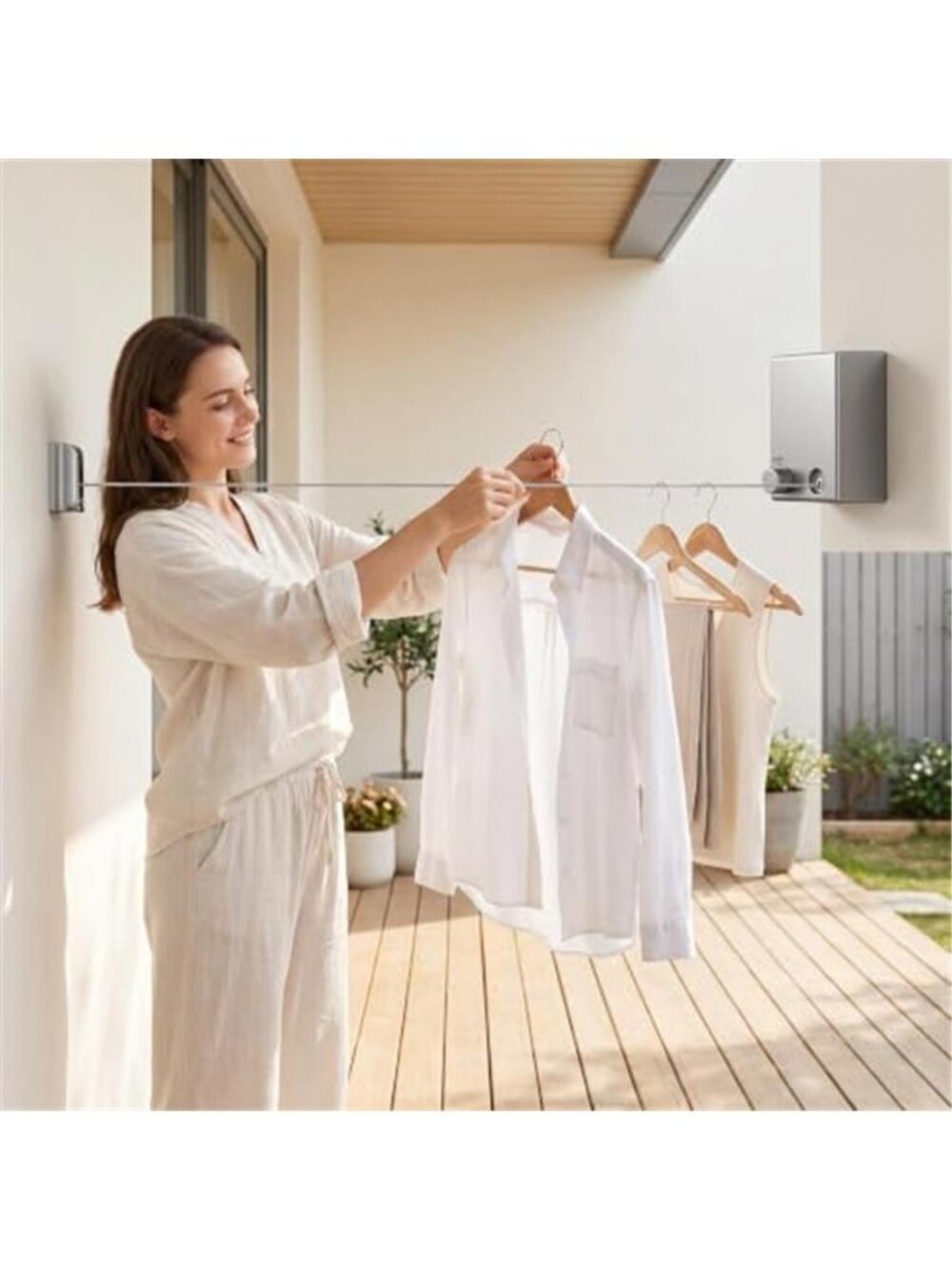 1 Pc Grey 4.2m Retractable Clothesline Punch Free Dual Install Wall Mount - G